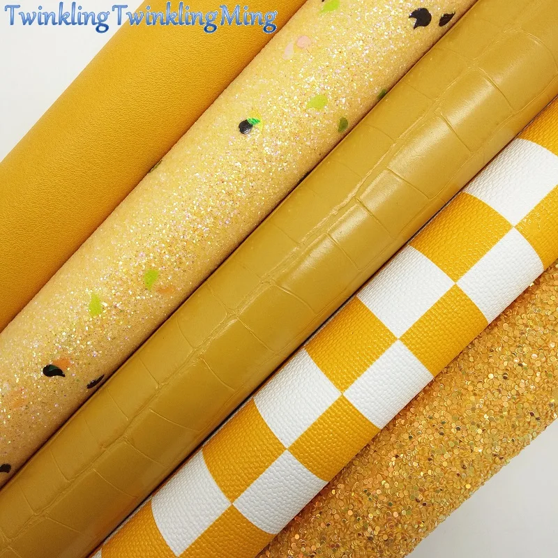 YELLOW Glitter Fabric Crocodile Synthetic Leather Plaids Faux Sheets For Bow A4 21x29CM Twinkling Ming XM011A | Дом и сад