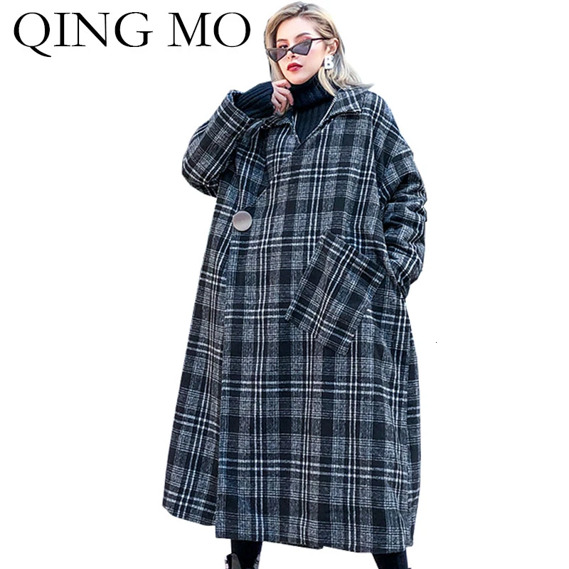 QING MO модное Брендовое женское клетчатое пальто размера плюс Женское зимнее теплое пальто винтажное женское длинное пальто на одной пуговице ZQY2015 - Цвет: Black