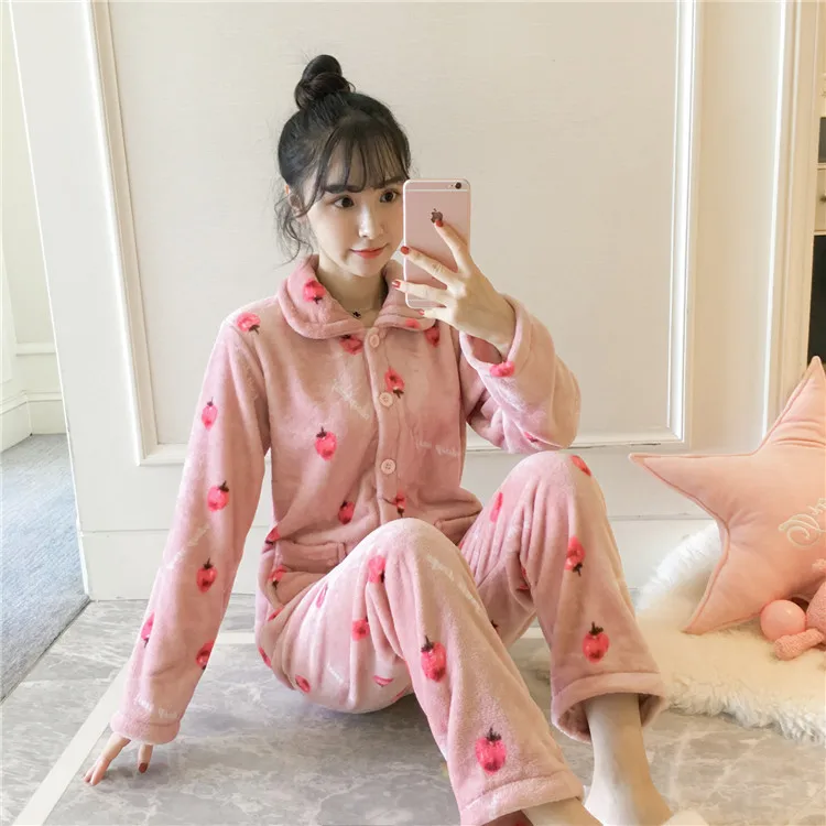 Autumn Winter Warm Flannel Women Pyjamas Sets Thick Coral Velvet Long Sleeve Cartoon Sleepwear Thin Flannel Pajamas Set for Girl