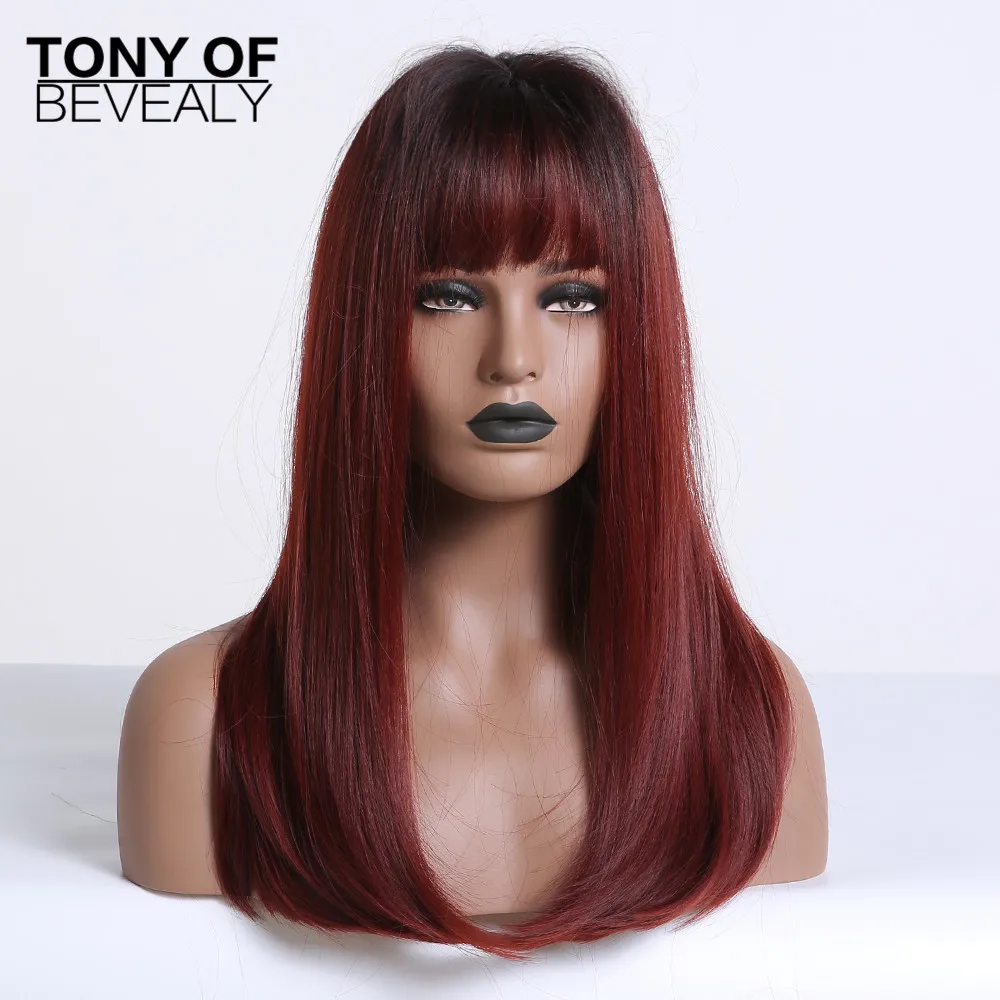 Long Straight Brown Wigs With Bangs Natural Synthetic Wigs for Women African American Cosplay Wigs Heat Resistant Fiber - Цвет: LC201-1