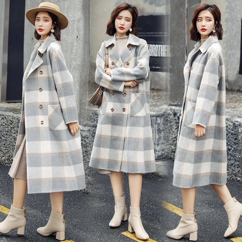 

Sweet Plaid Long Coat for Women Wide-waisted Wool Coat and Jacket Turn-down Collar Pockets Women Clothes