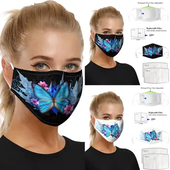 

Adult Outdoor Party Chic Butterfly Print Fabric Mask Dustproof Windproof Foggy Haze Protective Reusable Mask With Filter 2PCS