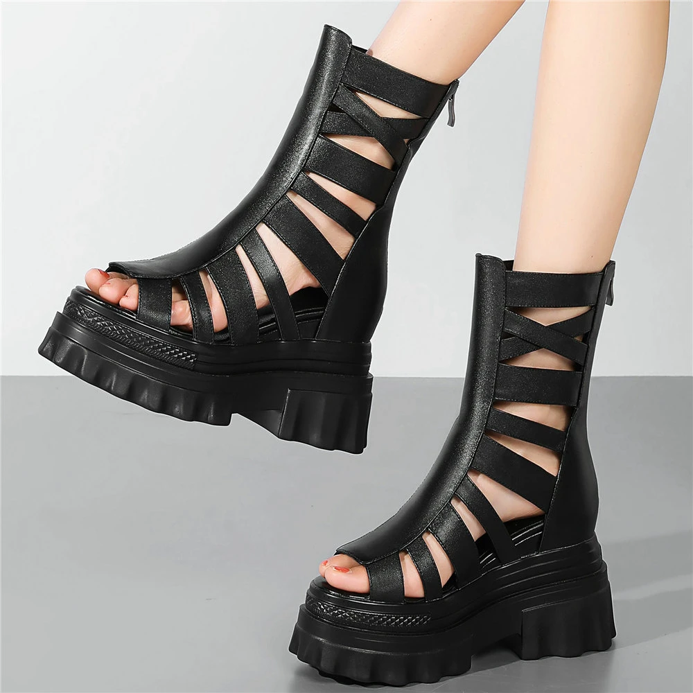 Sandalias romanas de tacón alto para mujer, zapatos de plataforma gruesa punta abierta, de cuero genuino, para fiesta de verano|Sandalias de mujer| -