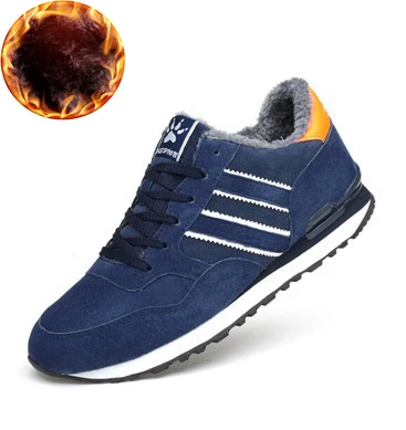 LINGGE/мужские кроссовки из натуральной кожи; дышащая повседневная обувь; нескользящая прогулочная обувь; светильник на резиновой подошве со шнуровкой - Цвет: Dark Blue With Fur