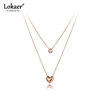 Lokaer Bohemia Design Double Layer Heart Pendant Necklaces For Women Stainless Steel CZ Crystal Chain Choker Necklace N20149