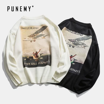 

Casual Men Sweaters Retro Cartoon Plane Pattern Oversize Acrylic Hip Hop Streetwear Harajuku Autumn New Pullover Men's Sweaters