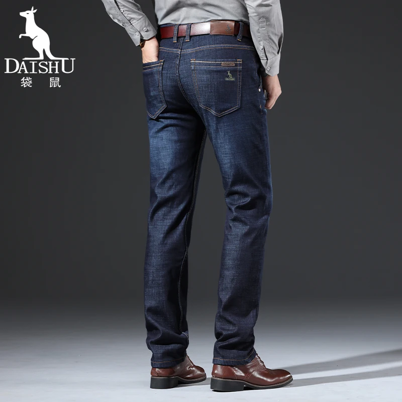 DAISHU Winter Warm Fleece Men's Jeans Thick Denim Jeans Straight Fit Trousers Cotton Velvet Pants men Large size 40 42 44