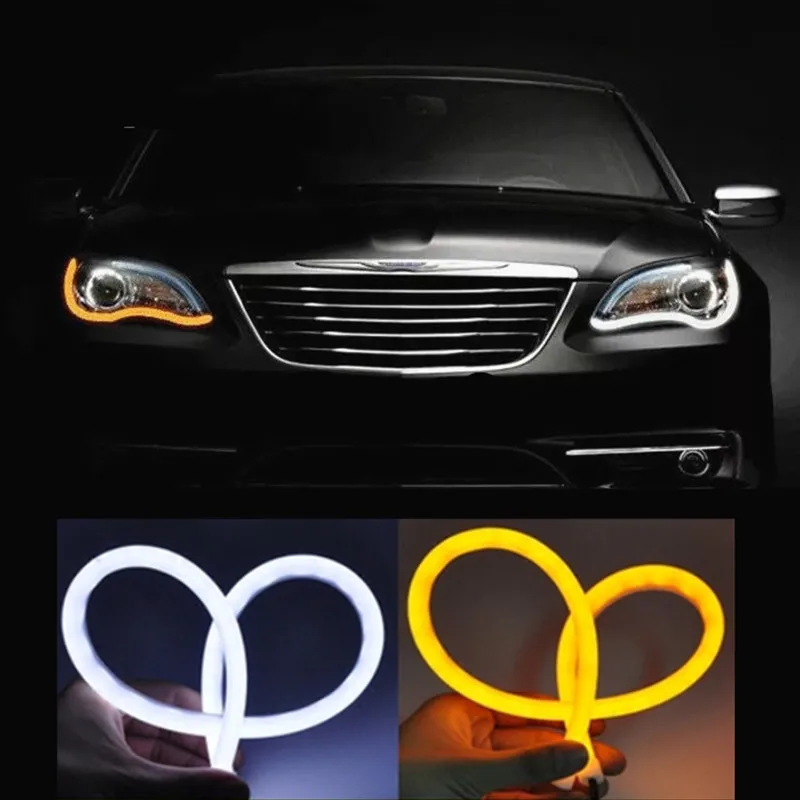 

2pcs 30cm 45cm 60cm Flexible Flowing Car DRL Running Turn Signal angel eye White Amber LED Daytime Running Light Headlight Strip