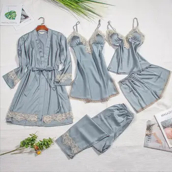 

Solid Colour Satin Pajamas Set For Women Full Sleeve Lace Sleepwear 5pcs Shirt&pant With Belt Sleep Set Female Home Clothes