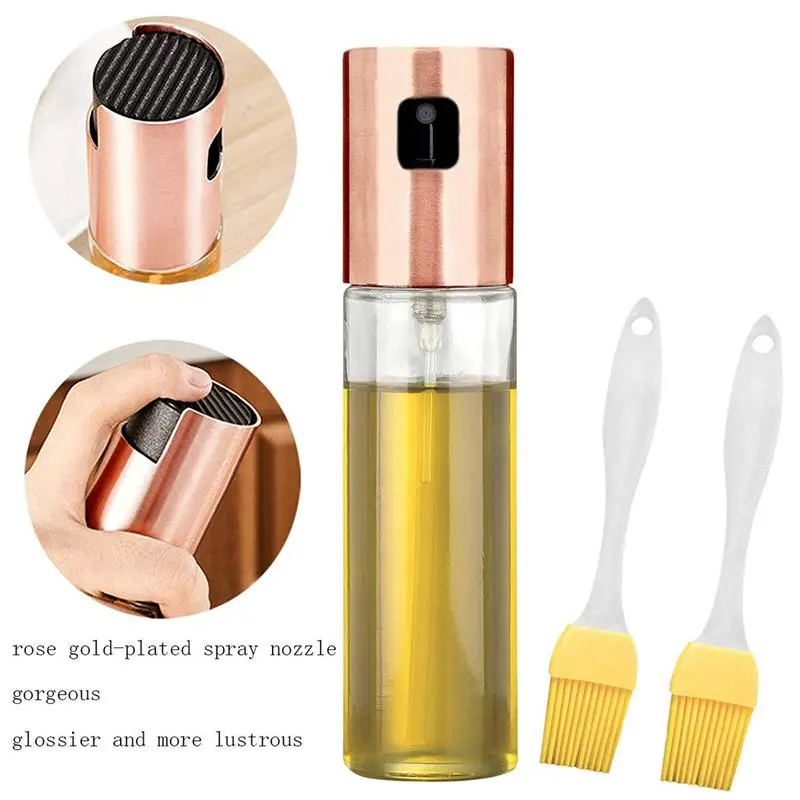 

Glass bottle of olive oil in stainless steel with 2 x BBQ / Vinegar / Soy Sauce Free Oil Brooms (Rose Gold + Clear + White + Y