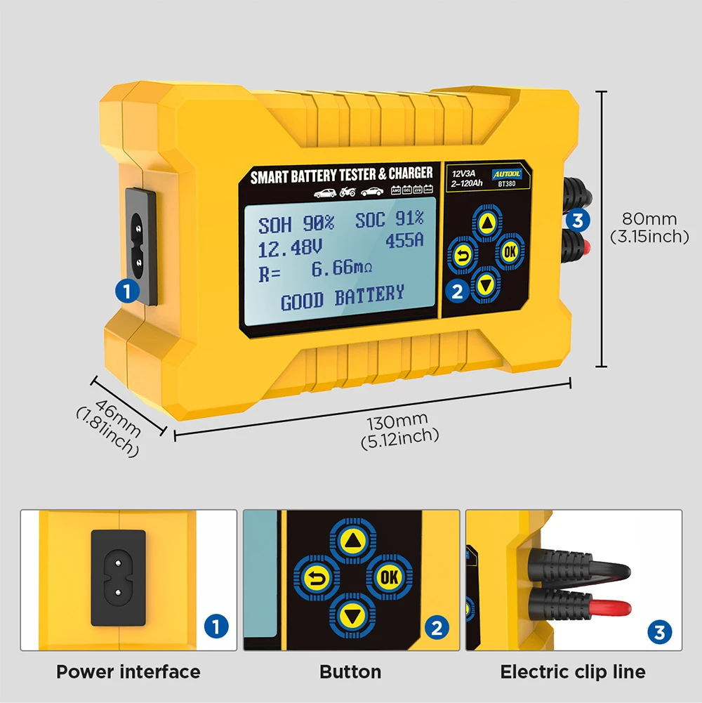 새로운 원래 AUTOOL BT380 12V CCA2400 자동차 배터리 테스터 배터리 충전기 분석기 220V 110V 차량 보조베터리