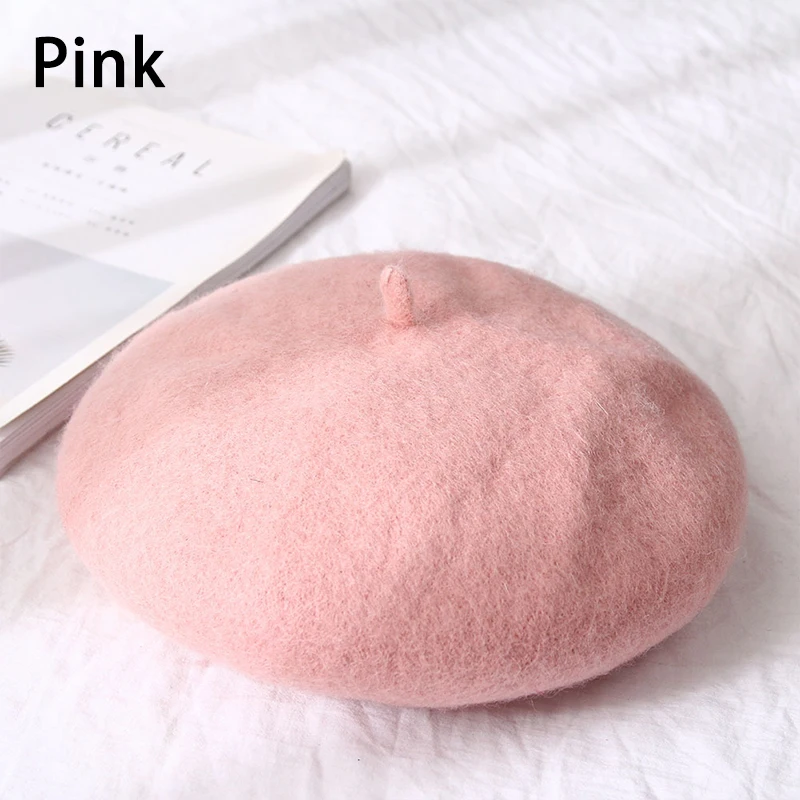 Pink Зимняя шерстяная теплая шапка, французский стильный берет, женская шапка, винтажная женская шапка для художника, шляпы для прогулок, Женская однотонная шапка, шапка бини, шапка для девочки, розовая - Цвет: Pink
