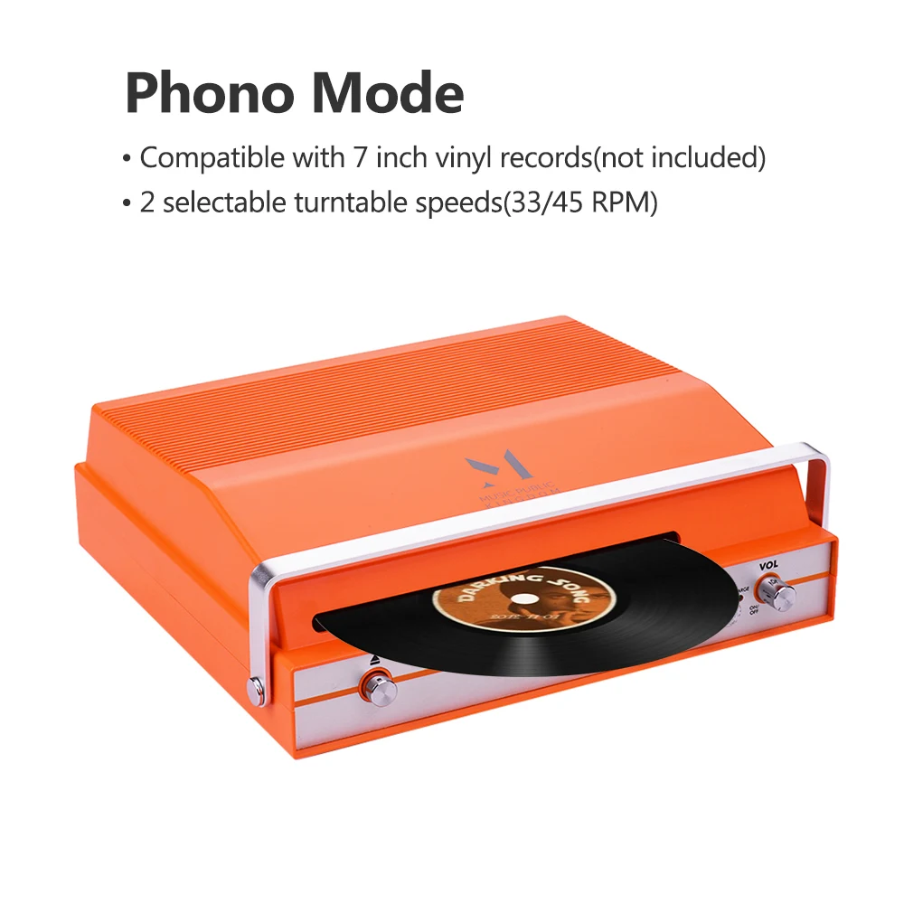 

Portable Slot-in Record Player for 7-inch Vinyl 2-speed (33/45 RPM) BT Turntable Built-in Stereo Speaker Rechargeable Battery