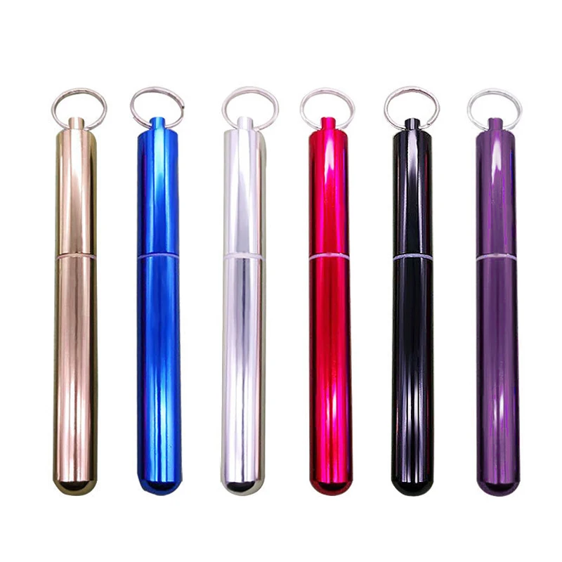 Metal Reusable Collapsible Foldable Straw with Case Keychain Stainless Steel Metallic Portable Telescopic Drinking Straw Brush