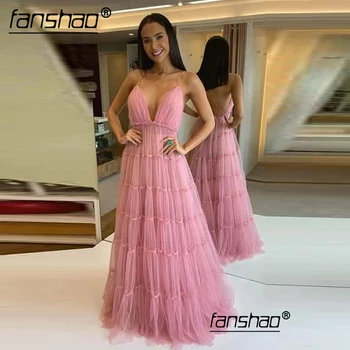 

Fanshao Sexy Spaghetti Strap Evening Dress Draped Deep V Sleeveless Backless Neck Dubai Formal Occasion Dress Robe De Soiree