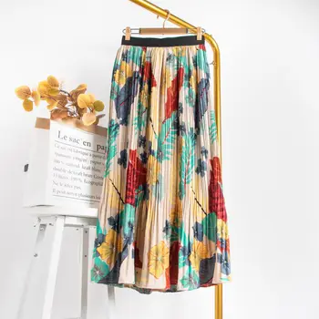

2020 Women Fashion Pleated Skirt Trendy Wild Colored Flower Printed Skirt High Waist Skirts hot sale