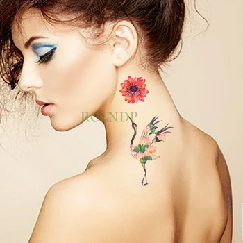 

Waterproof Temporary Tattoo Sticker Red-crowned Crane Birl Lotus Flower Fake Tatto Flash Tatoo Foot Hand Arm for Girl Women Men