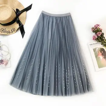 

3 Layers Fashion Women Long Skirt Tulle with Beading 2020 Summer Korean High Waist Pleated Skirt Female White Skirt