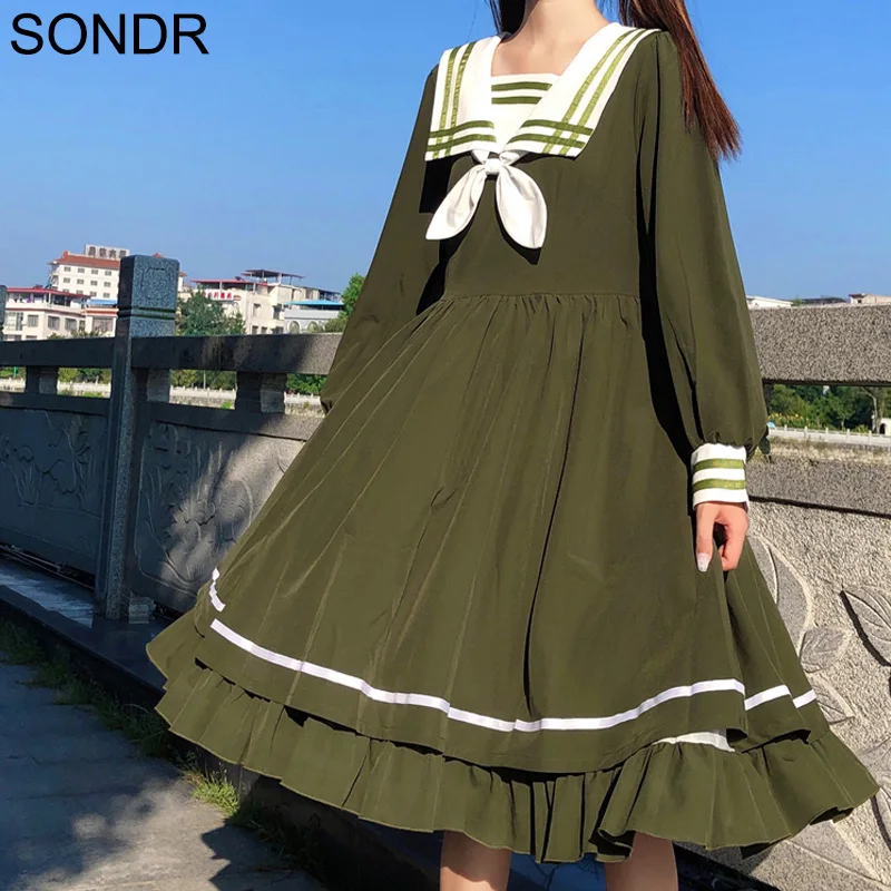 

Vintage Ruffle Lolita Dress Women Long Sleeve Retro Navy Collar Waist Dresses Soft Girl Kawaii Everyday Vestidos Femme Dress New