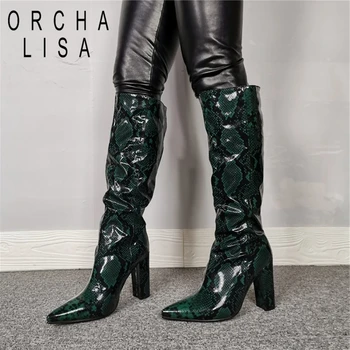 

ORCHA LISA Female Knee Boots High Pleated Pointed Toe Slip On Snake Glitter Shoes Woman Autumn Winter Party Patent Leather C2105