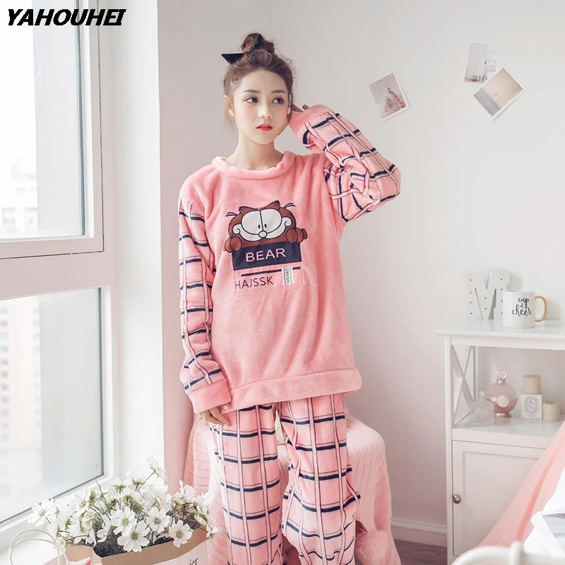 

Thick Warm Cute Cartoon Flannel Pajamas Sets For Women Winter Long Sleeve Coral Velvet Pyjama Plaid Pants Sleepwear Pijama Mujer