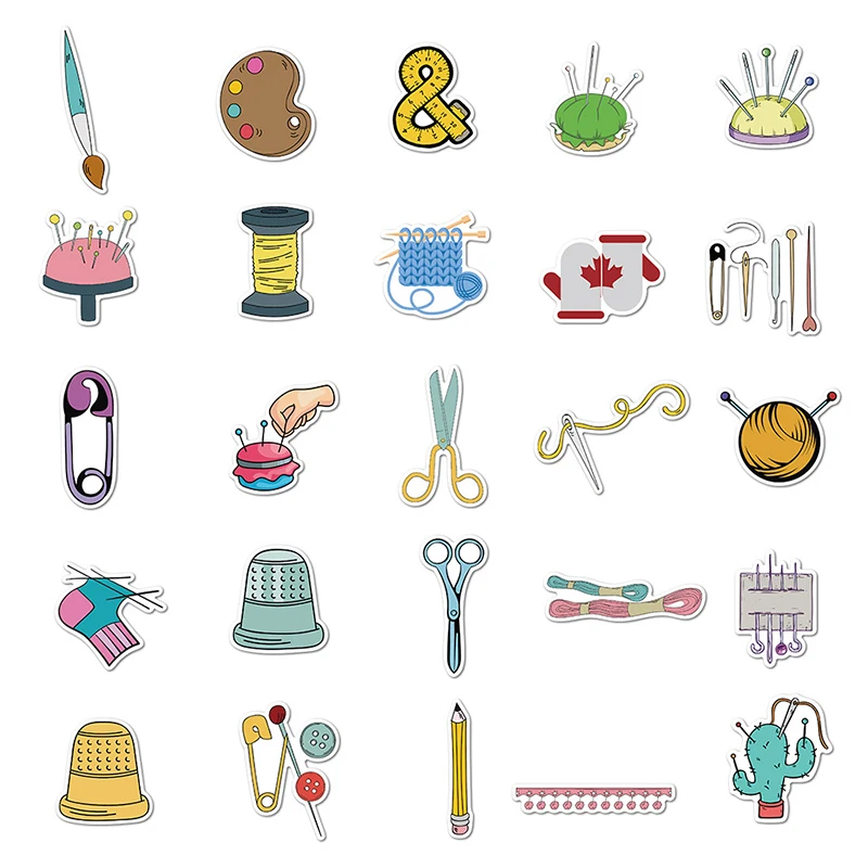 50Pcs Cartoon Sewing Machine Stickers Sewing Tools Ruler Scissors Suitcase Skateboard Graffiti Laptop Luggage Graffiti Stickers