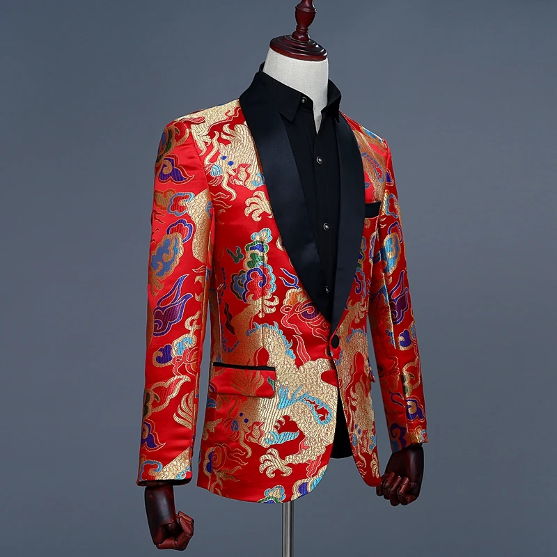 Модный дизайн, цветной рисунок дракона, красный повседневный мужской пиджак, Ретро стиль, китайский стиль, для свадьбы, сцены, вечерние, приталенный пиджак