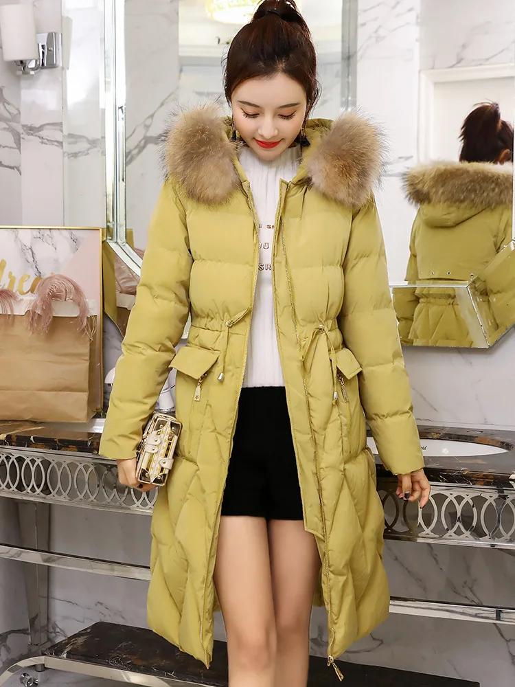 

Drawstring Waist Hugging Thick Cotton-padded Clothes Women's Mid-length 2018 Winter New Style Slim Fit Hooded Warm Genuine Fur C