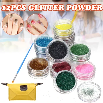

12 Colors Glitter Powder Glitter Tattoo Powder DIY Art Henna Temporary Tattoo Stencils Glue Kit Decorations Manicure