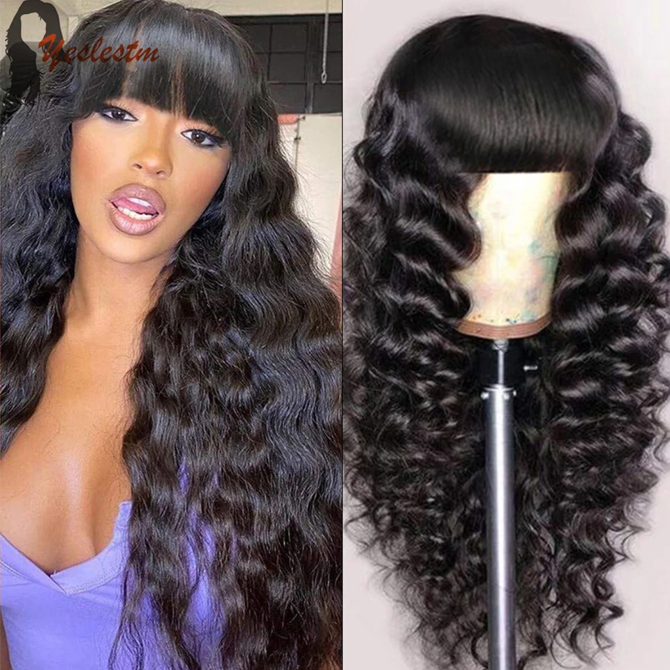Yeslestm Loose Deep Wave Wigs With Bangs Remy Brazilian Human Hair Wigs Machine Made Wig With Bangs For Black Women Natural 1B