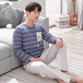 스트 라이프 100% 코 튼 잠 옷 남성 긴 소매 피자 세트 남성 S-XXXLSize 잠 옷 Nightie 잠 옷 남자 잠 옷 정장