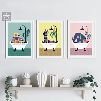 

Animal in Bathtub Poster Print Llama Duck and Elephant Canvas Painting Modern Nursery Wall Art Nordic Pictures Kid Room Decor