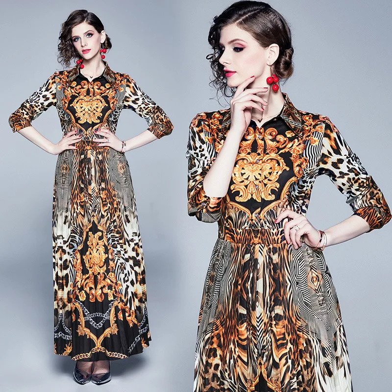 

Photo Shoot Europe And America WOMEN'S Dress Long Sleeve Fold-down Collar Retro Totem Printing Waist Hugging Pleated Big Hemline