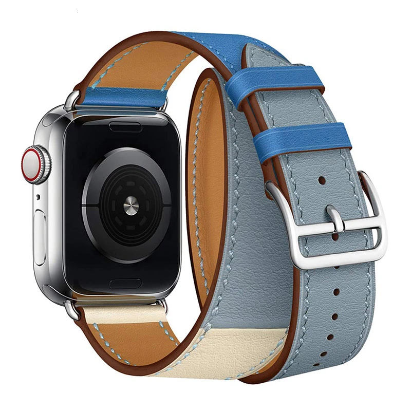 Grayblue powderwhite Коровья кожа двойной тур ремешок для Apple Watch 5 Группа 44 мм iwatch серии 4 3 2 1 42 мм петля 38 мм Браслет замена 40 мм сталь - Band Color: Grayblue powderwhite