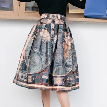 

LANMREM World Map Print High Waist Single Breasted Loose Woman Puffy Skirt Personality Casual Wild Fashion 2020 Autumn New TV535