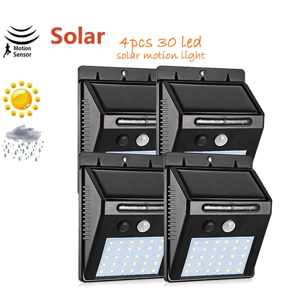 

4 pcs 30 LED Outdoor Lighting Solar Powered Lamp Light Outdoor Wall Lamp Waterproof Solar Motion Sensor Garden Light street wall