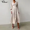 Women Satin Dress Celmia S-5XL Plus Size Sexy V Neck Midi Dresses Fashion Lantern Sleeve Office High Waist Dress Party Robe 7 1