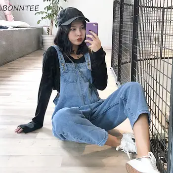 

Denim Jumpsuits Women Kawii Lovely Student Overalls Loose Womens Streetwear Daily Ankle-length Pants Fabric Rompers with Pocket