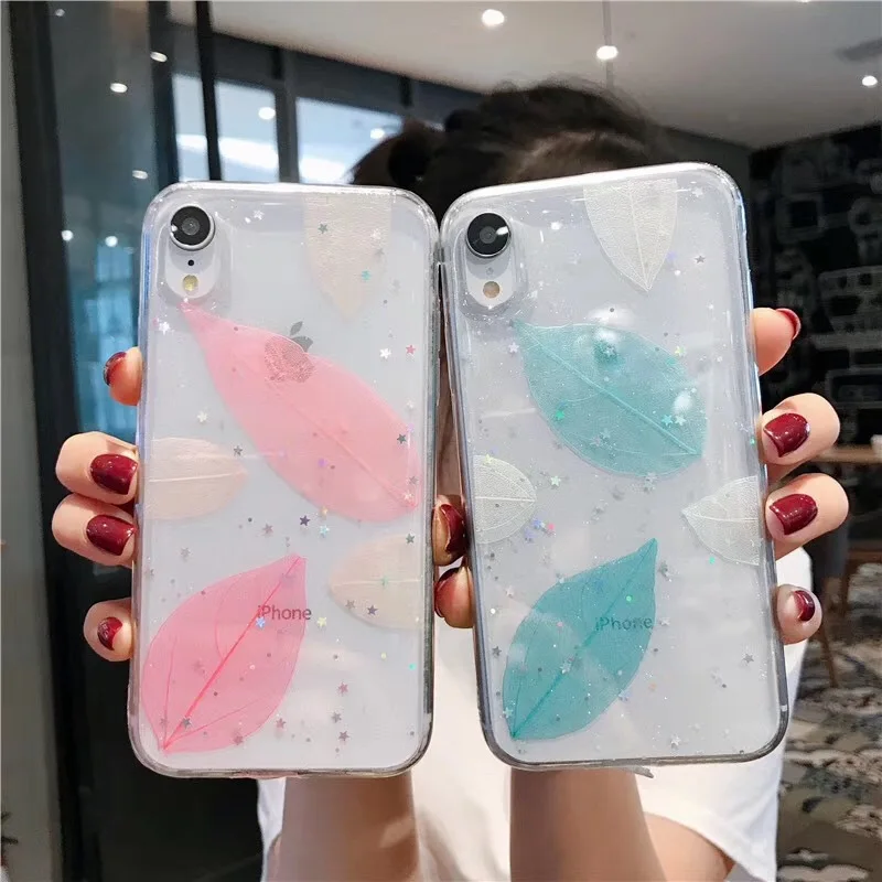 

case for iPhone 11 XR 7 8 11 Pro Max X XS Max Plus 6 6s cover Glitter Real Flowers Leaves Soft simple