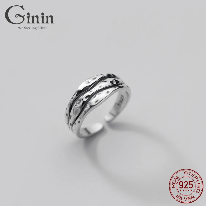 

Ginin Pure 925 Sterling Silver Rings for Women Man Thai Silver Three-Layer Irregular Wave Uneven Wide Elegant Finger Jewelry