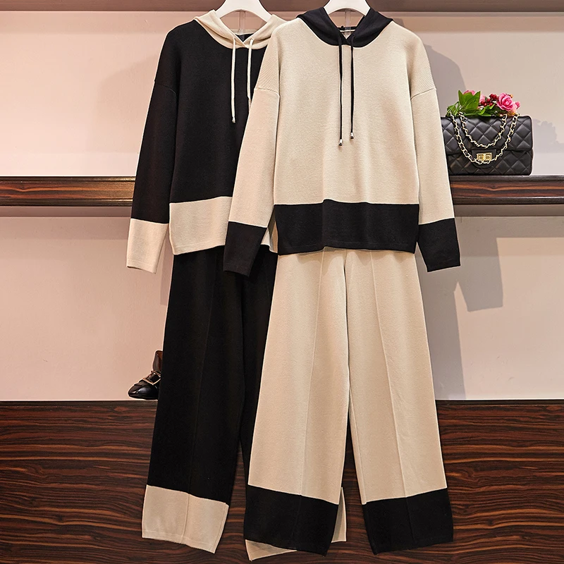 

Autumn Winter Women Knitted 2 Piece Sets Chic Hooded Sweater Tops & High Waist Wide Leg Pants Suits Female Knitwear Tracksuits