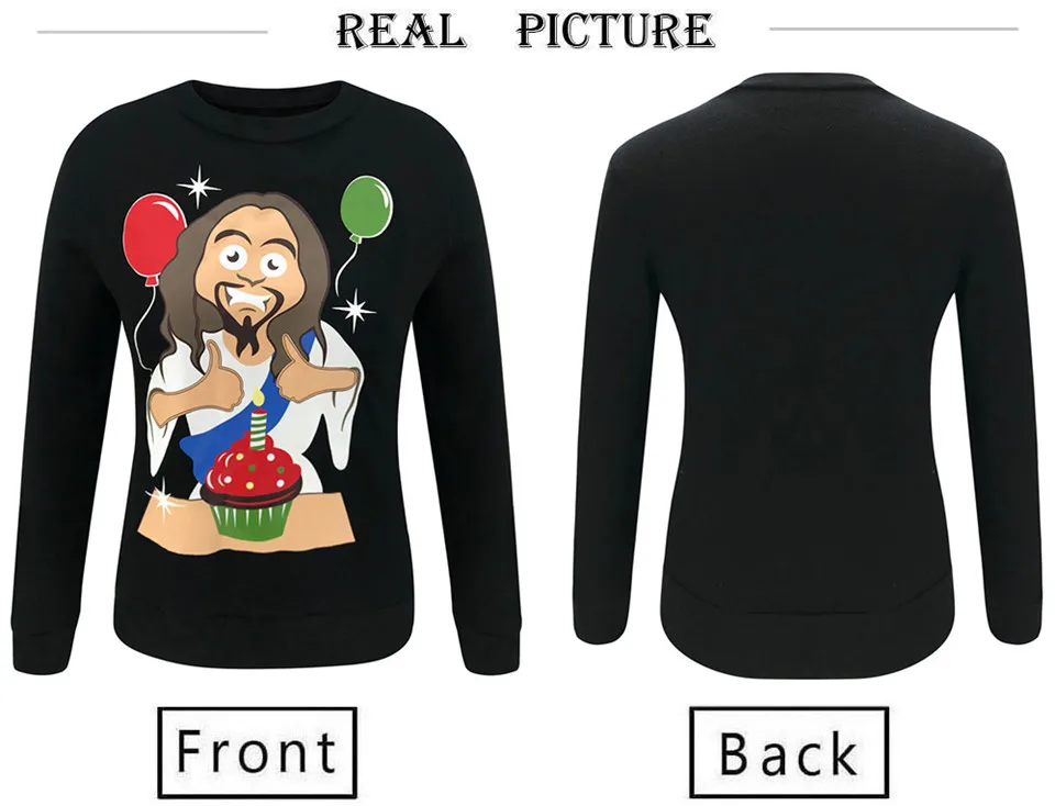 Funny Jesus Cartoon Print O-Neck Couple Pullover Winter Streetwear Elegant Black Long Sleeve Sweatshirts