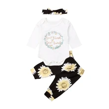 Комплект из 3 предметов для новорожденных девочек и мальчиков, детский хлопковый костюм с подсолнухом, комбинезон, штаны повязка на голову, одежда