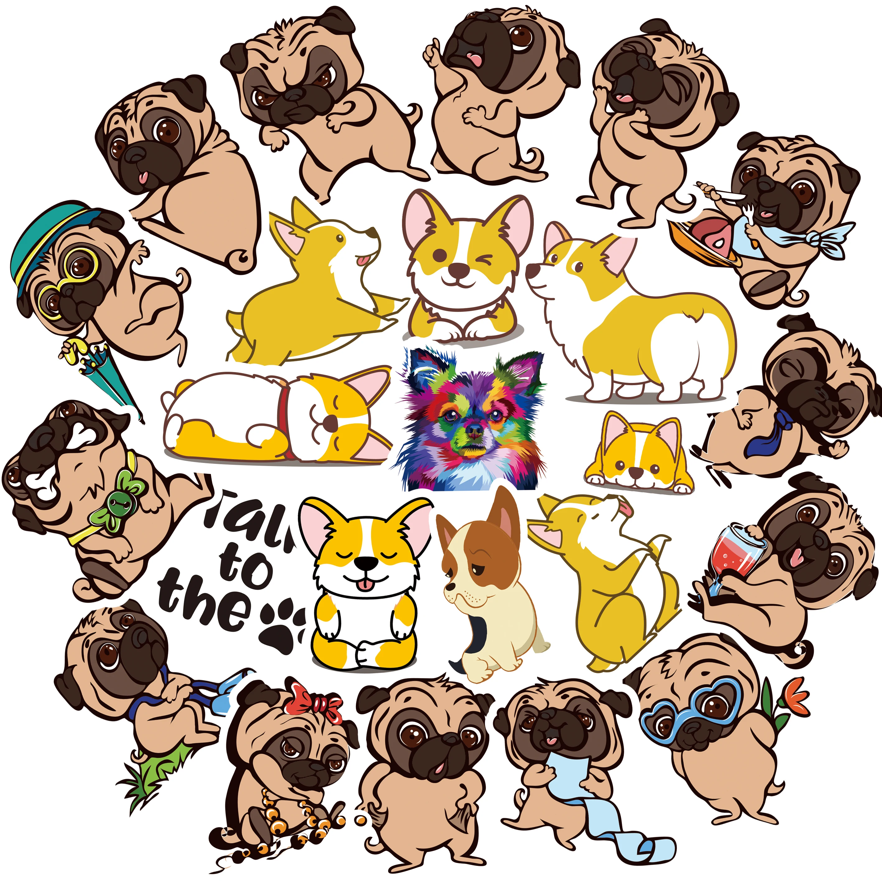 

50pcs Cute PUG Corgi Pet Stickers Set Children's PVC Stickers Suitcase Car Boot guitar Waterproof Stickers