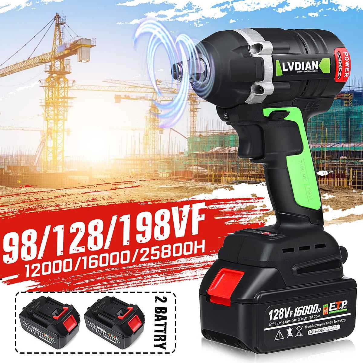 

98/128/198VF Dual Battery Brushless Cordless Electric Wrench Impact Wrench Battery Power Tool Electric Tool Drill 21V