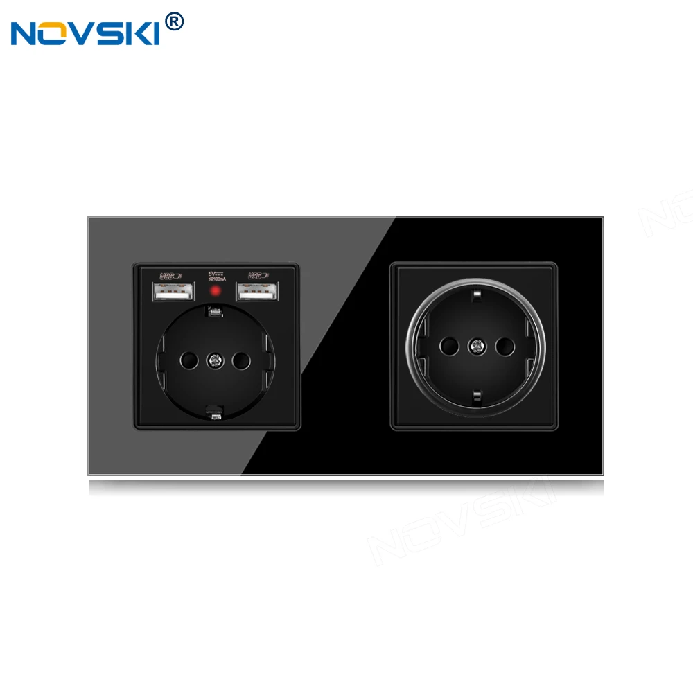 

172 EU Standard DIY Double Frame Switch Socket, Schuko Outlet 2 Frame, 2.1A Dual USB Charging Port, German Bayer Base, Black