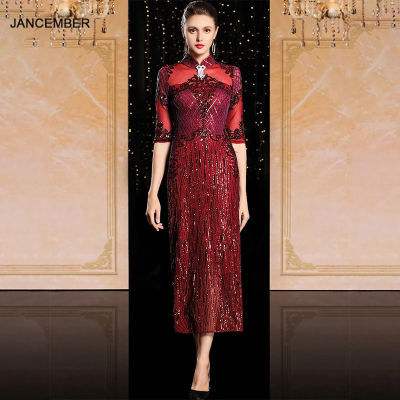 

JANCEMBER Customized Evening Dresses Long High Neck Short Sleeves sequin Straight Prom Dresses 2020 Vestidos De Fiesta De Noche