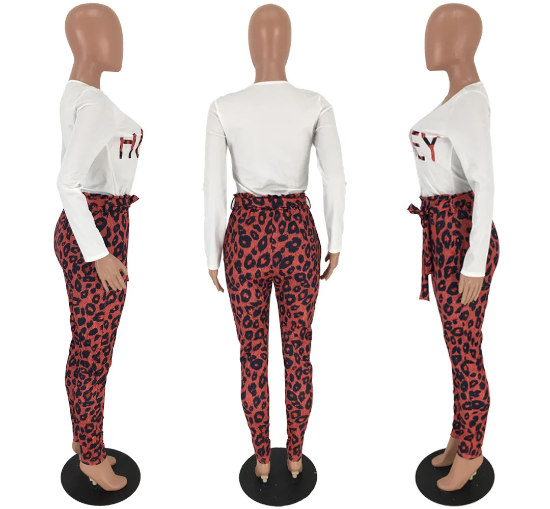 Европейский и американский женский модный костюм из двух предметов с леопардовым принтом и длинными рукавами