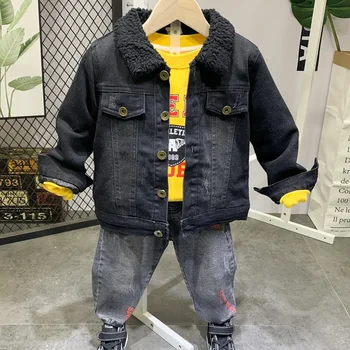 

winter Kids Boys childrens clothing sets Thicken jacket + plush Sweater + plush jeans 3Pieces Costume kids suits 2-6Yr boys set