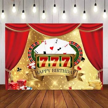 

Happy birthday casino party backdrop gold glitter party decoration Las Vegas birthday background for photo studio red curtain